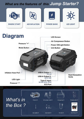 8.0L Gasoline Portable Power Bank Multi-Functional Car Jump Starter With Air Compressor For All Cars