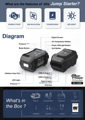 3000A Peak Car Emergency Jump Start 12V Type-C 8.0L Gasoline Diesel Air Pump for Outdoor