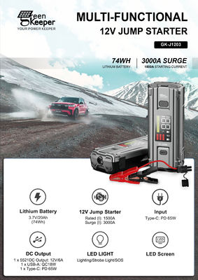 Rechargeable 12V Car Engine Jump Starter with Air Compressor Pump and Led Work Light
