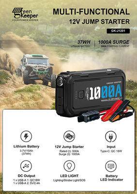 12W Multi-function Car Jump Starter Power Bank with 1000A High Power Lithium Battery
