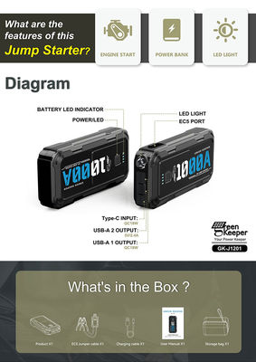 12W Multi-function Car Jump Starter Power Bank with 1000A High Power Lithium Battery