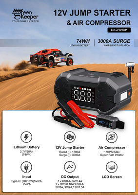 3000A Peak Current 4-in-1 Portable Jump Starter 10000-24000mah Power Bank Car Inflator Battery Booster