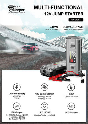 PD 65W 12V 3000A 20000mAh Multi-function Portable Car Emergency Battery Booster Jump Starter Power Bank