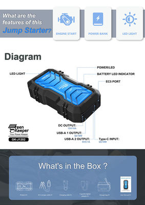 Multifunctional Portable Power Bank Battery 12v Car Jump Starter Total Output 15W