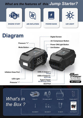 3000A Peak Current Portable Jump Starter With Air Compressor and Power Bank for Car