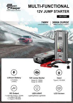Car Emergency Battery J1203 Peak 3000A 20000mAh Boost Jump Starter for 8.0L Vehicles