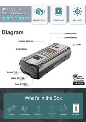 Car Emergency Battery J1203 Peak 3000A 20000mAh Boost Jump Starter for 8.0L Vehicles