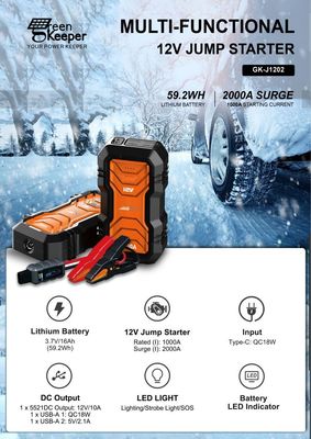 12V 24V 4000A UltraSafe Fit Extreme Temperatures Portable Battery Jump Starter For Car