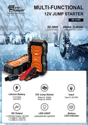 QC 18W Input GreenKeeper UltraSafe Super Capacitor 2000A Battery Jump Starter With LED Light