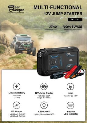 18W Total Output Car Emergency Battery UltraSafe Booster Pack 12V 24V 1000A Jump Starter