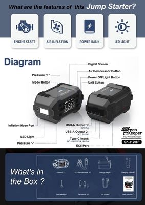 Type-C Charging Output Super Capacitor Fit Extreme Temperatures 3000A Jump Starter with Air Compressor