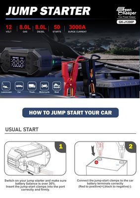 3000A Peak Portable Mini Car Jump Starter with 20000mAh Capacity and LED Flashlight